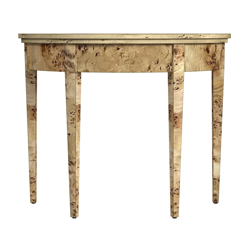 Console demi-lune de 36 pouces, en hévéa massif avec plateau en placage de cerisier et pieds fuselés sculptés