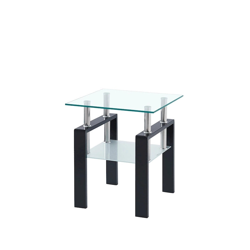 Table basse de canapé en verre trempé noir, table d'appoint à 2 niveaux avec rangement