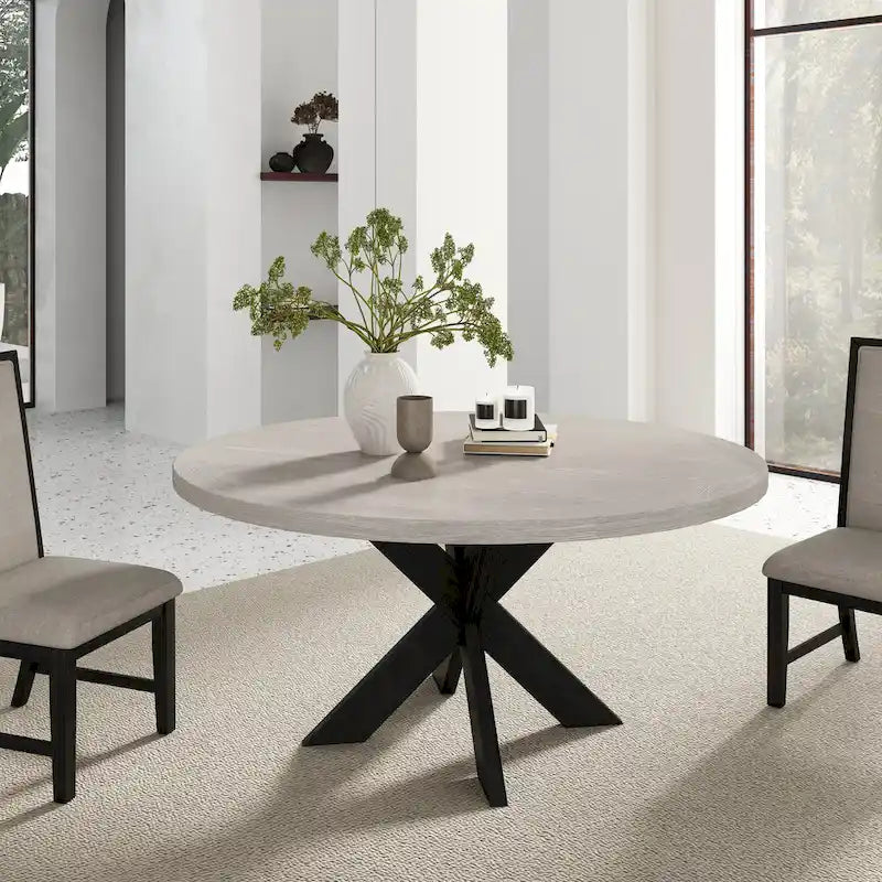 Table à manger ronde moderne finition grise avec pied central, 4 places