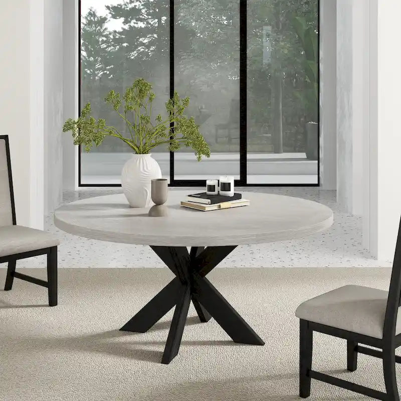 Table à manger ronde moderne finition grise avec pied central, 4 places
