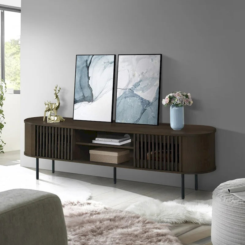 Meuble TV 2 étagères avec portes coulissantes à tambour, 180 cm