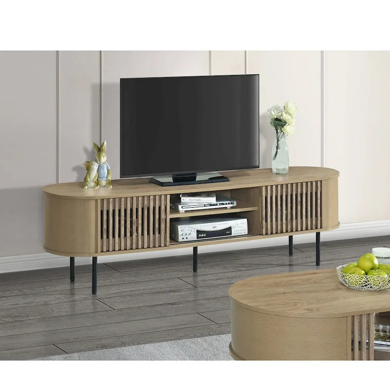 Meuble TV 2 étagères avec portes coulissantes à tambour, 180 cm