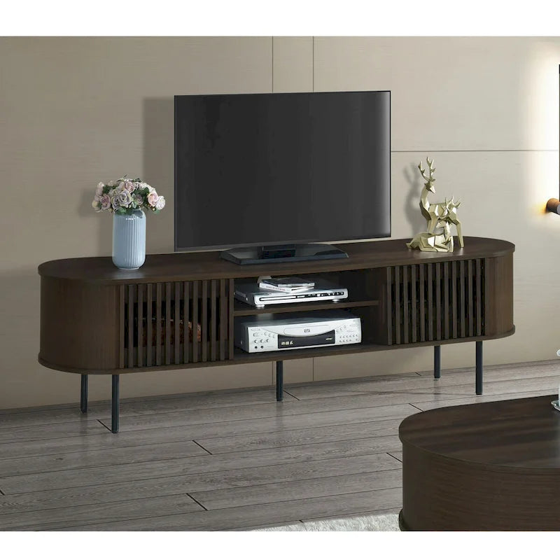 Meuble TV 2 étagères avec portes coulissantes à tambour, 180 cm