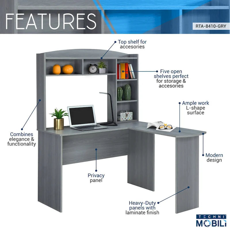 Bureau d'angle moderne avec huche gris